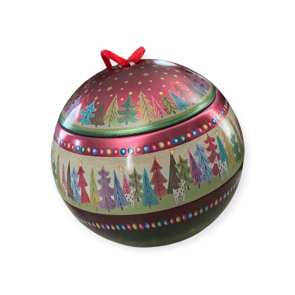 Holiday Tree Pattern Red and Green Decorative Ornament Tin